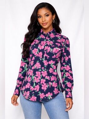 Lilly Pulitzer Navy Button-Down Shirt with Bright Pink Floral Print